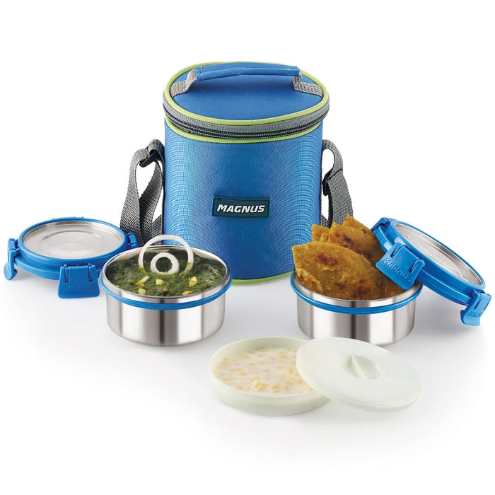 Magnus Aura 2 Deluxe Stainless Steel Lunch Box with Insulated Cover - Airtight & Leakproof Design | Blue Lunch Box for Kids | Durable Lunch Boxes for Office Men & Women | Tiffin Box
