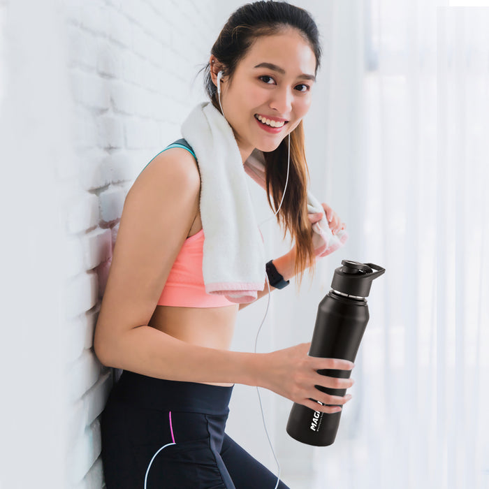 Magnus Oscar Single Wall Stainless Steel Water Bottle for School, Office, Home, Gym, Leakproof, Rust free, Black - 1000ml