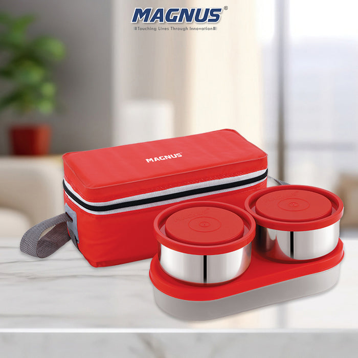 Magnus Fancy 3 Steel Lunch Box Set with Leak-Proof Containers, 3 Compartments, Washable Cover, Stylish Carry Bag - Perfect Lunch Box for Kids and Lunch Boxes for Office Men, Safe Design (Red)