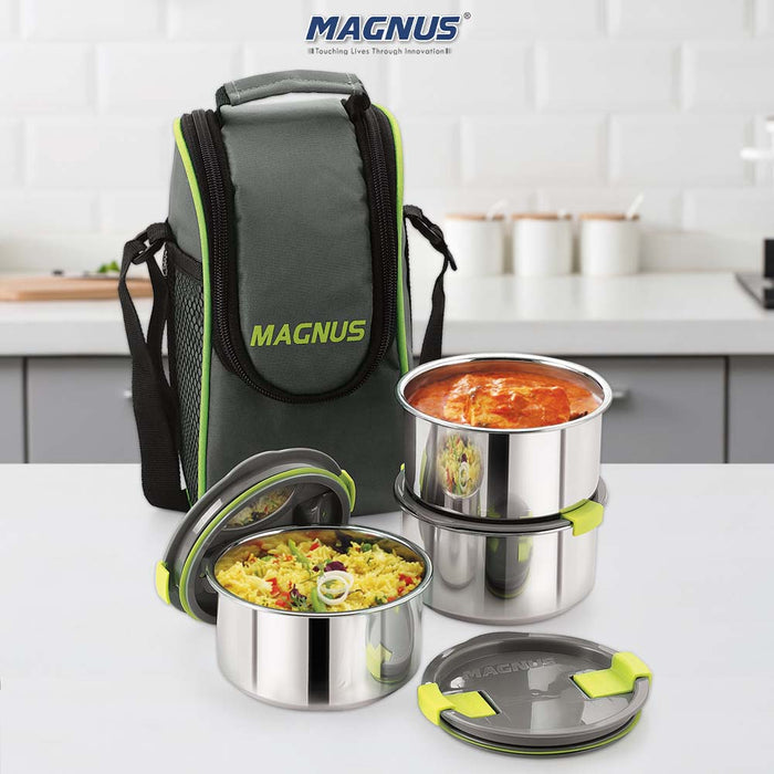Magnus Opal 3 Stainless Steel Lunchbox Set - Leak-Proof Lunch Box for Kids, Insulated Bag with 3 Containers (350ml each), Smart Steam Lock, Ideal Lunch Boxes for Office Men, Women, School