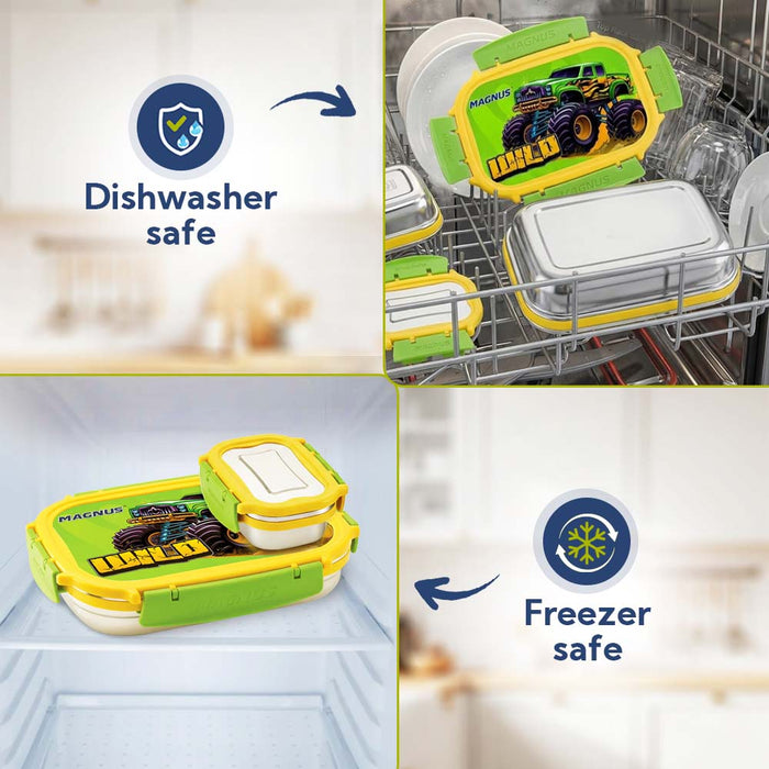 Magnus Magic Switch Senior Stainless Steel Lunch Box for Kids & School | 800ml Main Container + 150ml SS Container | Airtight & Leakproof Tiffin Box with 3D Lenticular Sticker | Green & Yellow