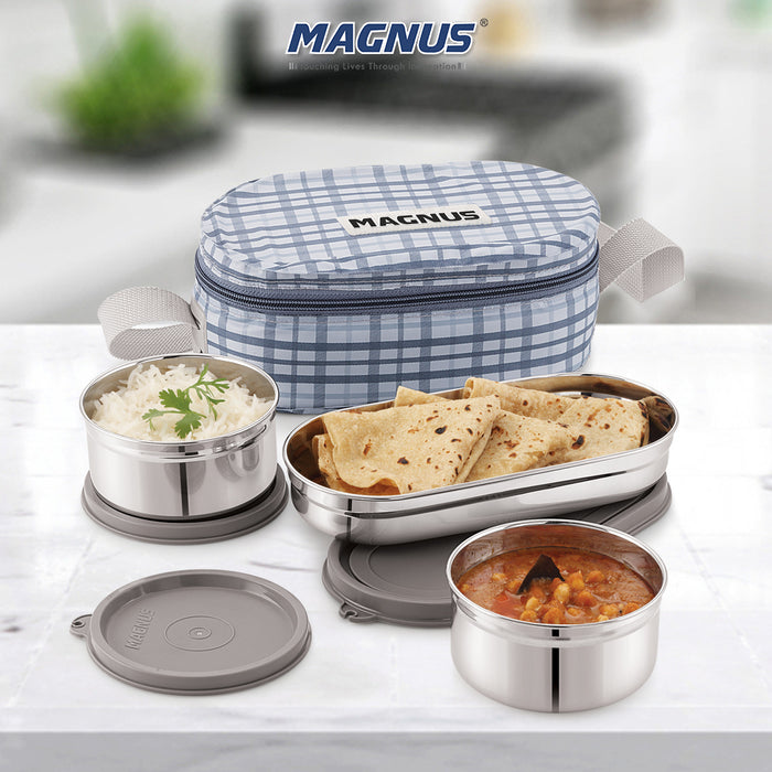 Magnus Deli 3 Prime Stainless Steel Lunch Box Set - Leakproof, BPA-Free, Hot Food Safe, Air-Tight Seal, Grey Lunch Box for Kids & Lunch Boxes for Office Men & Women, Ideal for School & Office