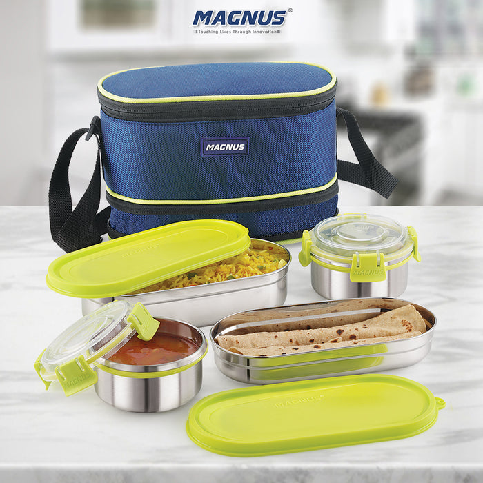Magnus Avanza 4 - Stainless Steel Leakproof Lunch Box for Kids with Klip Lock & Insulated Bag | Airtight BPA-Free Tiffin | Ideal Lunch Boxes for Office Men, Women, School | Durable Food Containers