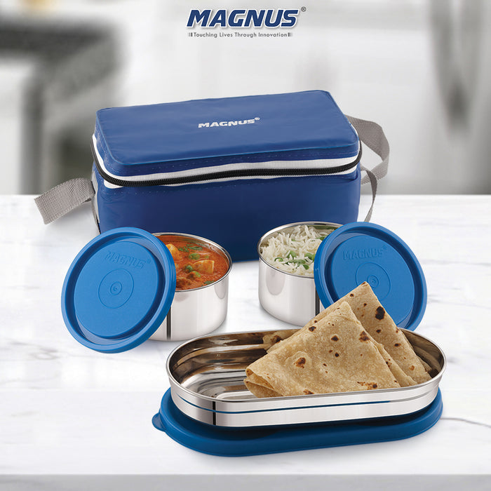 Magnus Fancy 3 Prime Steel Lunch Box Set | Leak-Proof Lunch Box for Kids | Lunch Boxes for Office Men & Women | Tiffin with 3 Compartments & Washable Cover | Safe & Stylish Design (Blue)