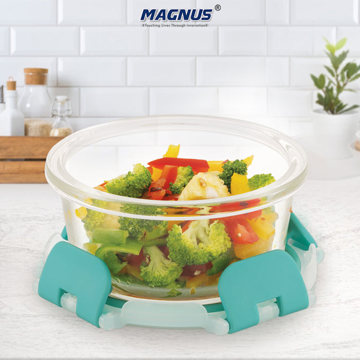Magnus Glock Round Glass Food Storage Containers Set, Airtight Glass Lunch Containers, Exclusive of BPA, for Microwave, Oven, Freezer & Dishwasher Friendly,240ml -Green