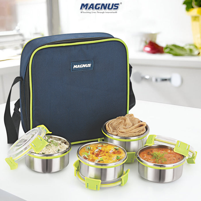 Magnus Quatro 4-Piece Stainless Steel Lunch Box Set | Airtight, Leakproof Containers | Insulated Cover & Bag | BPA Free | Ideal Lunch Box for Kids, Office Men, Women | Office & School Tiffin