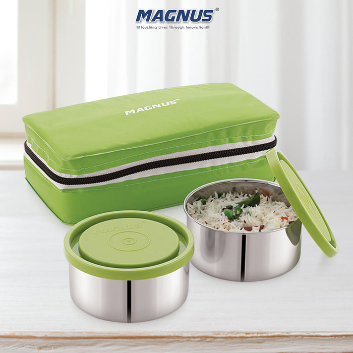 Magnus Fancy 2 Prime Steel Lunch Box Set | Leak-Proof Containers for Office & School | 1050ml | Lunch Bag for Men, Women | Lunch Box for Kids | Lunch Boxes for Office Men | Stylish Design (Green)