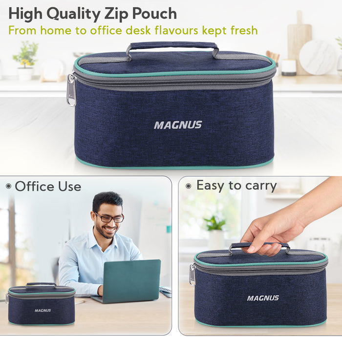 Magnus Microwave Avanza 3 Deluxe Prime - Stainless Steel Ribbed Microwave Safe Leakproof Lunch Box with Klip Lock & Carry Bag |Tiffin for Office, School, Men, Women, Kids