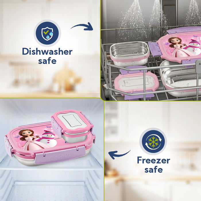 Magnus Magic Switch Senior Stainless Steel Lunch Box for Kids | 800ml Main Container + 150ml SS Container | Airtight & Leakproof Tiffin Box with 3D Lenticular Sticker & Detachable Clips | Pink