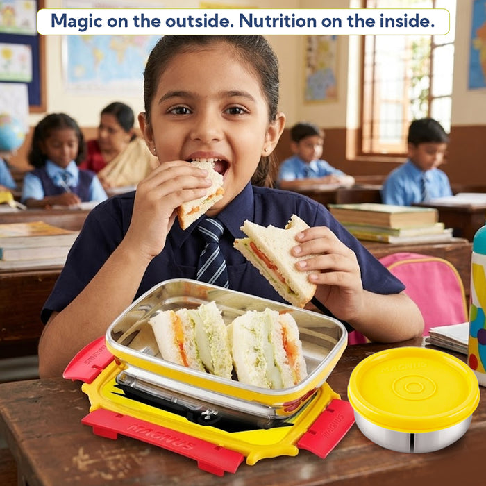Magnus Magic Switch Junior Stainless Steel Lunch Box for Kids & School | 550 ml Main Container + 100ml Round Container | Airtight & Leakproof Tiffin Box with 3D Lenticular Sticker | Red, Blue
