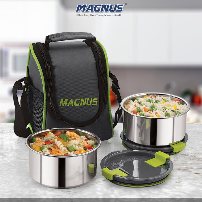 Magnus Opal 2 Stainless Steel Lunchbox Set with Bag - Leak-Proof, Insulated Lunch Box for Kids and Adults - 2 x 350ml Containers with Smart STEAM Lock - Ideal Lunch Boxes for Office Men, Women, School