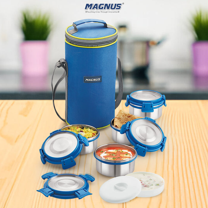 Magnus Aura 4 Deluxe Stainless Steel Lunch Box for Kids | Airtight, Leakproof, Insulated | Ideal Lunch Boxes for Office Men, Women | Hot Meals | Convenient Carrying Pouch (Blue)
