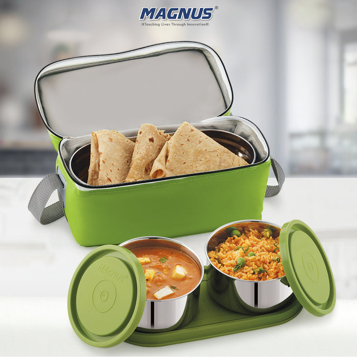 Magnus Fancy 3 Prime Steel Lunch Box Set | Leak-Proof Lunch Box for Kids & Lunch Boxes for Office Men | 3-Compartment Tiffin with Washable Cover | Safe & Stylish Design | Green