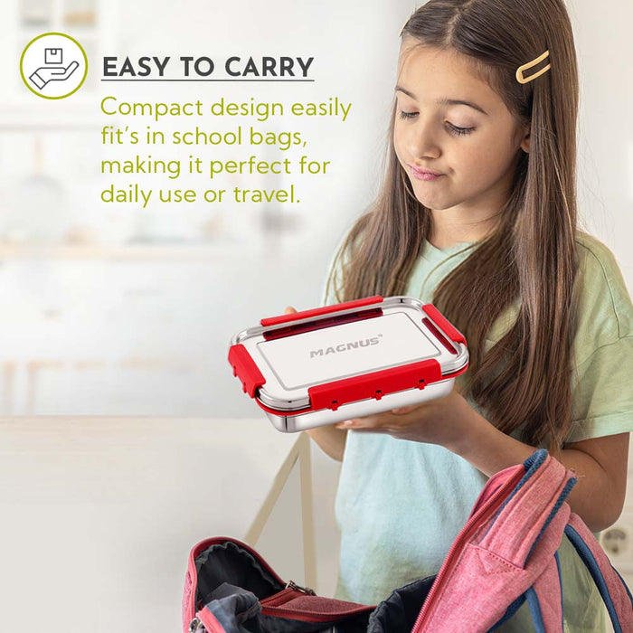 Magnus Dixie Stainless Steel Lunch Box - Airtight & Leak Proof Tiffin, 2 Containers (800ml & 200ml), Ideal Lunch Box for Kids, Lunch Boxes for Office Men, Women & Picnic, Red