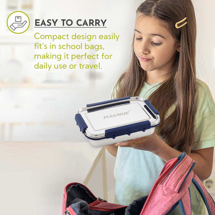 Magnus Dixie Stainless Steel Lunch Box - Airtight & Leak Proof Tiffin, 2 Containers (800ml & 200ml), Ideal Lunch Box for Kids, Lunch Boxes for Office Men, Women & Picnic, Blue