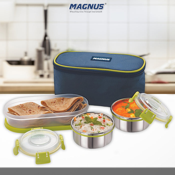 Magnus Avanza 3 Stainless Steel Lunch Box Set | 1050ml | Leakproof Tiffin with Bag | Ideal for Office, School, Men, Women, Kids| Air-Tight Food Carrier