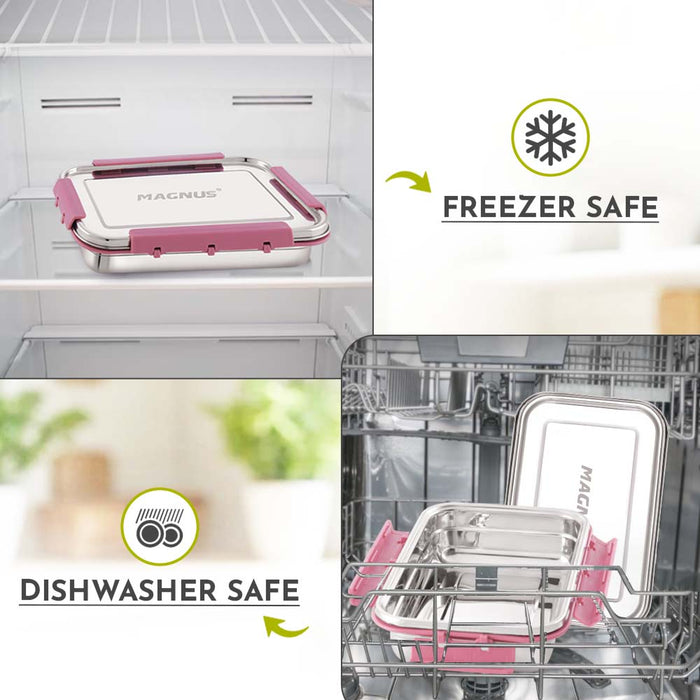 Magnus Dixie Stainless Steel Lunch Box - Airtight & Leak Proof Tiffin, 2 Containers (800ml & 200ml), Ideal Lunch Box for Kids, Lunch Boxes for Office Men, Women & Picnic, Pink
