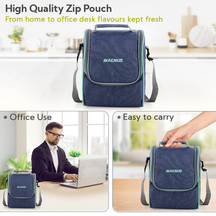 Magnus Microwave Hero 4 Deluxe Stainless Steel Klip Lock Lunch Box with Blue Vertical Pouch, 1 SS Bottle (700ml) & 3 Round Airtight, Leakproof Containers, 300ml Each