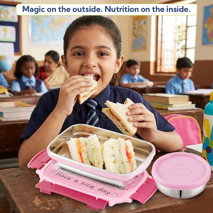 Magnus Magic Switch Junior Stainless Steel Lunch Box for Kids & School | 550 ml Main Container + 100ml Round Container | Airtight & Leakproof Tiffin Box with 3D Lenticular Sticker | Pink