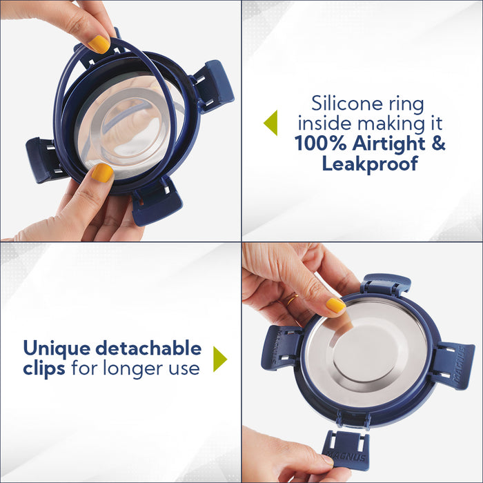 Magnus Klip Lock Deluxe Stainless Steel Microwave Safe Container with Stainless Steel Lid, Snack & Food Storage, Leak & Spill Proof, BPA Free, Food Grade Material