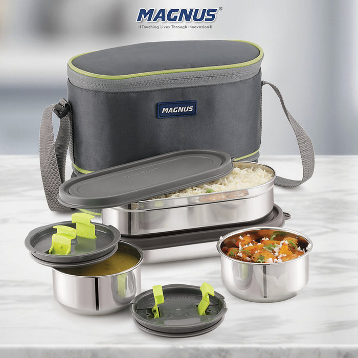 Magnus Olive-4 Stainless Steel Lunchbox with Leak-Proof Containers & Insulated Carry Case - Airtight Food Storage Lunch Box for Kids, Office Men, Women - Dual Long Containers for School, Picnic