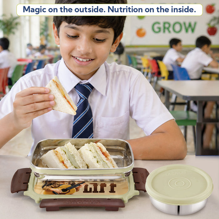 Magnus Magic Switch Junior Stainless Steel Lunch Box for Kids & School | 550 ml Main Container + 100ml Round Container | Airtight & Leakproof Tiffin Box with 3D Lenticular Sticker | Brown