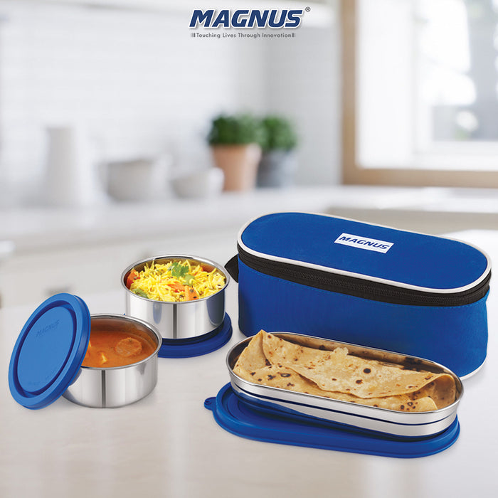 Magnus Super 3 Prime Stainless Steel Lunch Box for Office & School | Leak-Proof Lunch Box for Kids | Lunch Boxes for Office Men | Compact & Air-Tight Design | Safe Plastic Cover | Blue