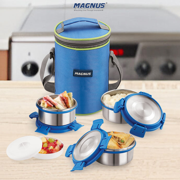 Magnus Aura 3 Deluxe Stainless Steel Lunch Box - Airtight & Leakproof Design with Insulated Cover - Ideal Lunch Box for Kids, Lunch Boxes for Office Men, Women - Premium Tiffin Container (Blue)