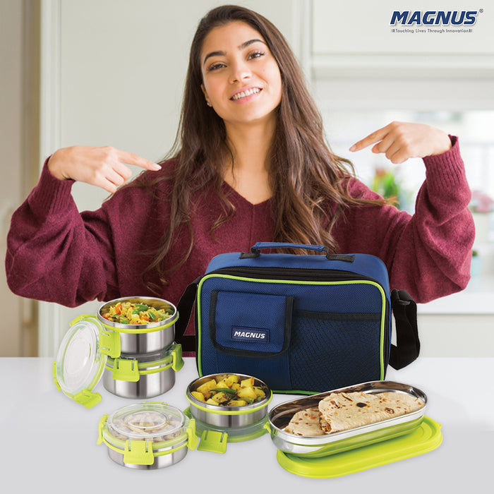 Magnus Hybrid 5 Prime Lunch Box - Premium Stainless Steel Tiffin Set for Kids, Boys, Men and Women - Ideal Lunch Boxes for Office Men, Leakproof Containers, Insulated Cover