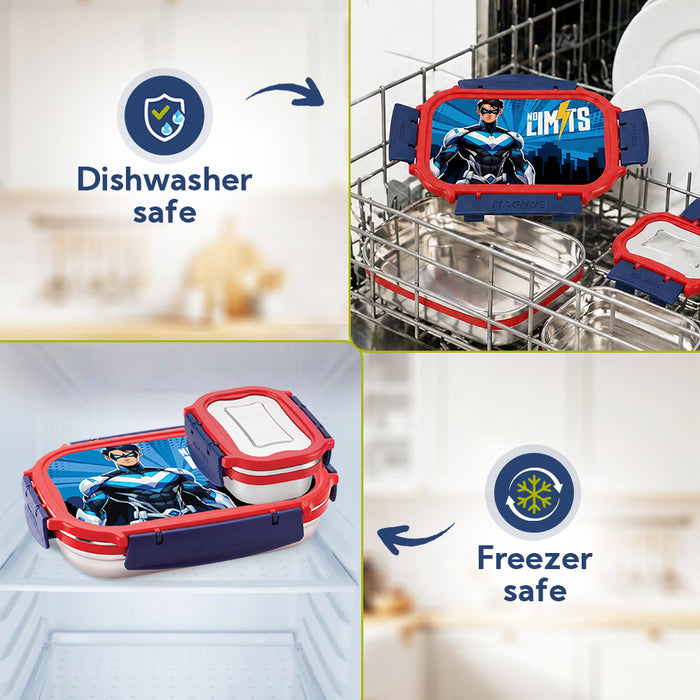 Magnus Magic Switch Senior Stainless Steel Lunch Box for Kids & School | 800ml Main Container + 150ml SS Container | Airtight & Leakproof Tiffin Box with 3D Lenticular Sticker | Red & Blue