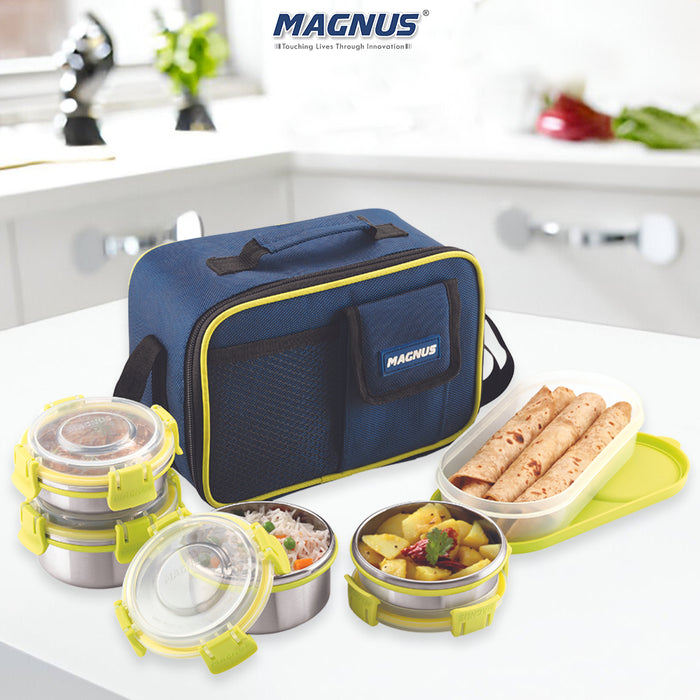 Magnus Nexus 5 Stainless Steel Lunch Box Set | Insulated, Air-Tight, Leakproof Lunch Box for Kids, Office Men & School Tiffin | Suitable for Men, Women - Blue