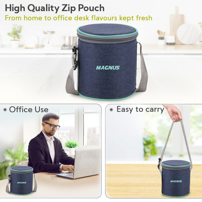 Magnus Microwave Aura 2 Deluxe Microwave Safe Ribbed Stainless Steel Lunch Box Set with Tiffin Bags & Pouch | Airtight, Leakproof Containers | Lunch Box for Kids, Lunch Boxes for Office Men, Women, School