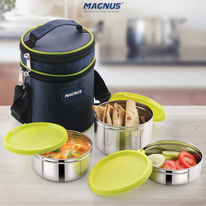Magnus Romeo-3 Stainless Steel Lunch Box Set - Leakproof, Airtight Tiffin Containers with Insulated Bag - Ideal Lunch Box for Kids, Lunch Boxes for Office Men and Women - Easy Lock Design