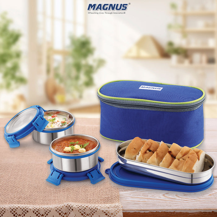 Magnus Avanza 3 Deluxe Prime Lunch Box Set | Stainless Steel, Airtight, Leakproof | Lunch Box for Kids | Lunch Boxes for Office Men | Insulated Cover, Roti Tiffin, Fork & Spoon