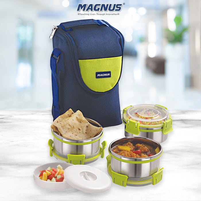 Magnus Aura 3 Stainless Steel Lunch Box Set - 3pcs with Tiffin Bags | Durable Lunch Box for Kids and Adults | Ideal Lunch Boxes for Office Men and Women | Perfect for School and Work