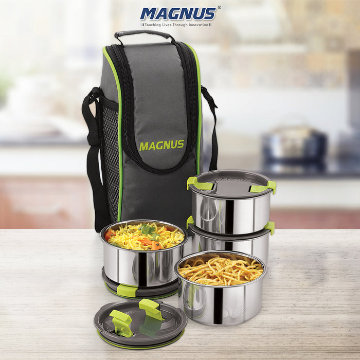 Magnus Opal 4 Stainless Steel Lunchbox Set with Bag - Leak-Proof, Insulated Lunch Box for Kids, Lunch Boxes for Office Men and Women - 4 Containers, 350ml Each, with Smart Steam Lock Mechanism