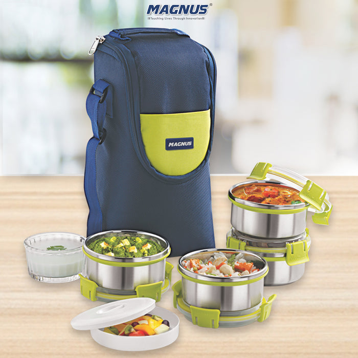 Magnus Aura 4-Piece Stainless Steel Lunch Box Set with Tiffin Bags, Utensils & Pouch | Airtight, Leakproof Containers for Office Men, Women, Kids | Insulated Covers, BPA-Free Lunch Boxes for Kids