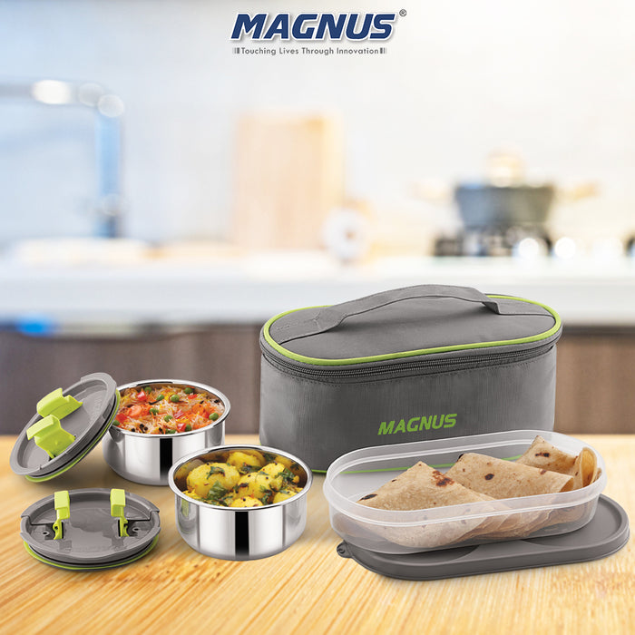 Magnus Olive 3 Lunch Box Set: Leak-Proof Stainless Steel Containers with Thermal Bag - Lunch Box for Kids and Lunch Boxes for Office Men - Airtight & Insulated Food Tiffin (950 ml)