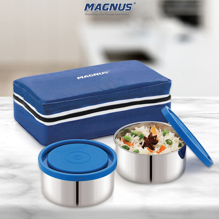 Magnus Fancy 2 Steel Lunch Box Set - Leak-Proof Containers for Office & School | 1050ml | Carry Bag for Men, Women | Stylish Lunch Box for Kids & Lunch Boxes for Office Men, Blue