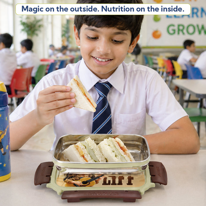 Magnus Magic Switch Junior Stainless Steel Lunch Box for Kids & School | 550 ml Container Container | Airtight & Leakproof Tiffin Box with 3D Lenticular Sticker & Detachable Clips | Brown
