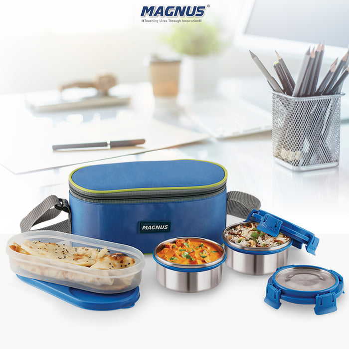 Magnus Avanza 3 Deluxe Stainless Steel Lunch Box with Plastic Container | Airtight & Leakproof | Ideal Lunch Box for Kids & Lunch Boxes for Office Men and Women with Carrying Pouch