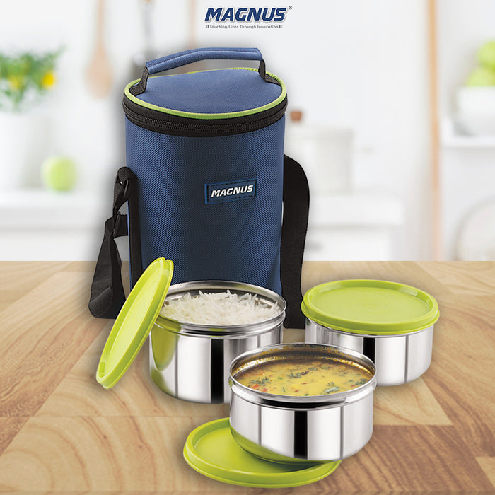 Magnus Alfa-3 Stainless Steel Lunch Box Set - 3 Leakproof Containers & Insulated Bag - Ideal Lunch Box for Kids & Lunch Boxes for Office Men - Safe, Air-Tight, Stylish Design in Blue