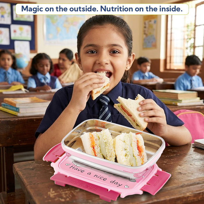 Magnus Magic Switch Junior Stainless Steel Lunch Box for Kids & School | 550 ml Container Container | Airtight & Leakproof Tiffin Box with 3D Lenticular Sticker & Detachable Clips | Pink