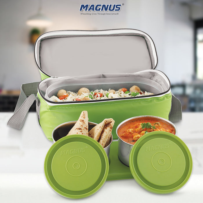 Magnus Fancy 3 Steel Lunch Box Set with Leak-Proof Containers, 3 Compartments, Washable Cover, Stylish Carry Bag - Lunch Box for Kids, Lunch Boxes for Office Men and Women, Safe Design (Green)