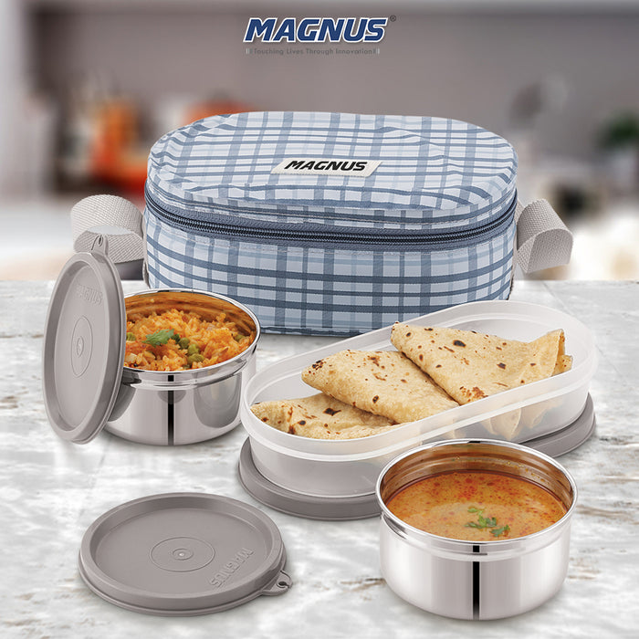 Magnus Deli 3 Stainless Steel Lunch Box Set - Grey | Leakproof & BPA-Free | Lunch Box for Kids | Hot Food Safe | Air-Tight Seal Tiffin Containers | Ideal Lunch Boxes for Office Men & Women