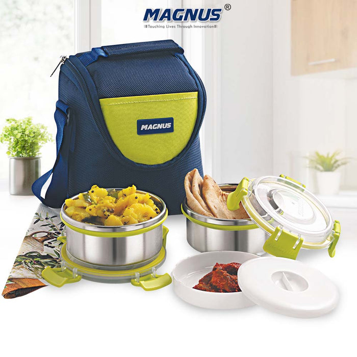 Magnus Aura 2-Piece Stainless Steel Lunch Box Set with Tiffin Bags | Airtight, Leakproof Containers | Lunch Box for Kids, Lunch Boxes for Office Men, Women, School | BPA-Free