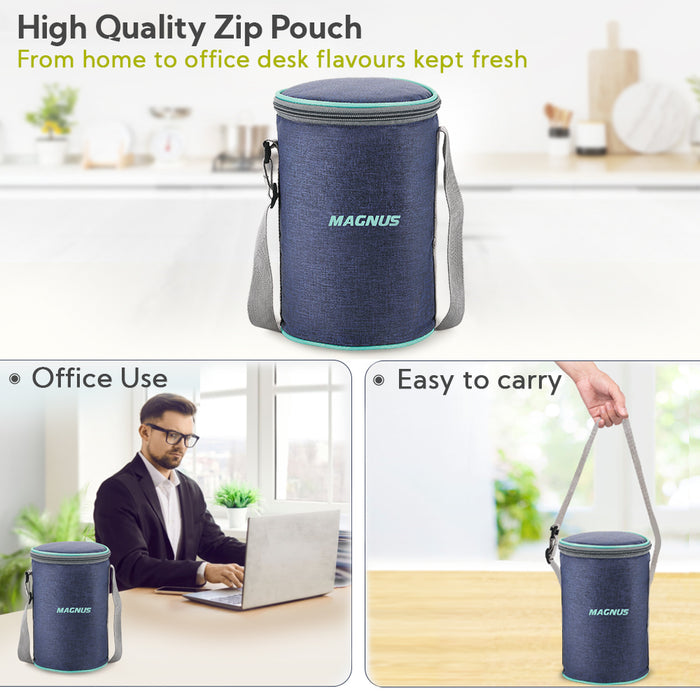 Magnus Microwave Aura 3 Deluxe, Microwave Safe Ribbed Stainless Steel Lunch Box Set with Tiffin Bags & Pouch | Airtight, Leakproof Containers | Lunch Box for Kids, Lunch Boxes for Office Men, Women, School