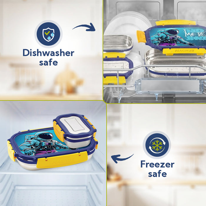 Magnus Magic Switch Senior Stainless Steel Lunch Box for Kids & School | 800ml Main Container + 150ml SS Container | Airtight & Leakproof Tiffin Box with 3D Lenticular Sticker | Blue & Yellow