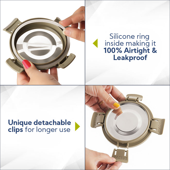 Magnus Klip Lock Deluxe Stainless Steel Microwave Safe Container with Stainless Steel Lid, Snack & Food Storage, Leak & Spill Proof, BPA Free, Food Grade Material, 400ml, beige
