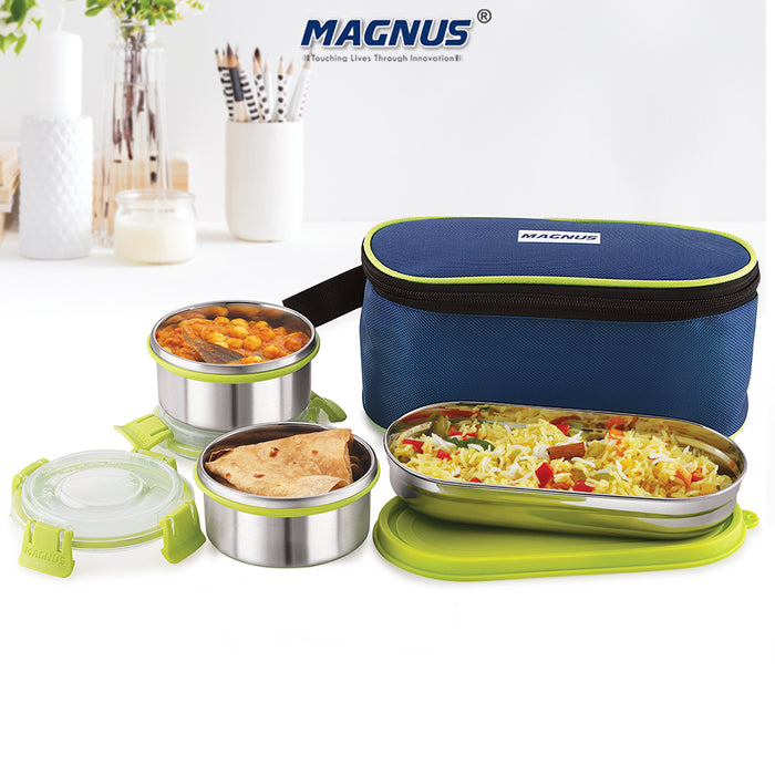 Magnus Avanza 3 Prime - Stainless Steel Leakproof Lunch Box with Klip Lock & Insulated Bag |Tiffin for Office, School, Men, Women, Kids | Airtight & BPA-Free Food Containers